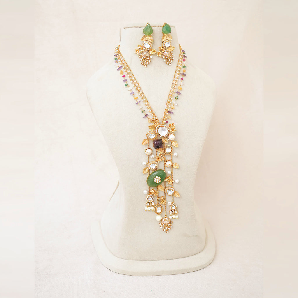 Kundan Multi-Gemstone Cascade Long Necklace Set