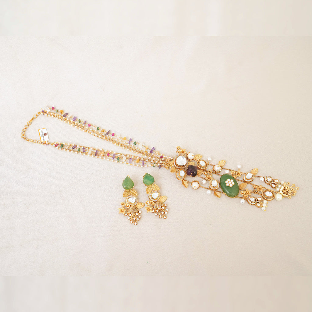 Kundan Multi-Gemstone Cascade Long Necklace Set