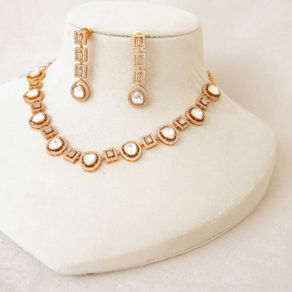 Rose Gold Polki Baguette Necklace Set