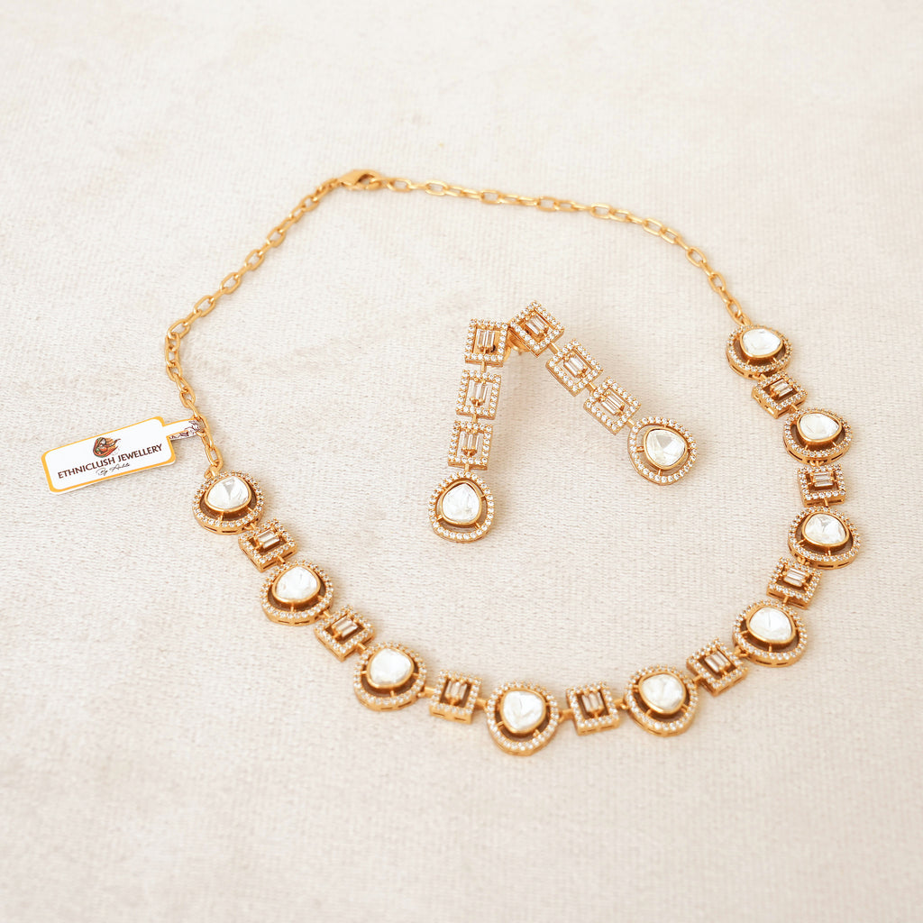 Rose Gold Polki Baguette Necklace Set