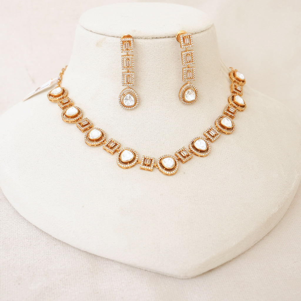 Rose Gold Polki Baguette Necklace Set
