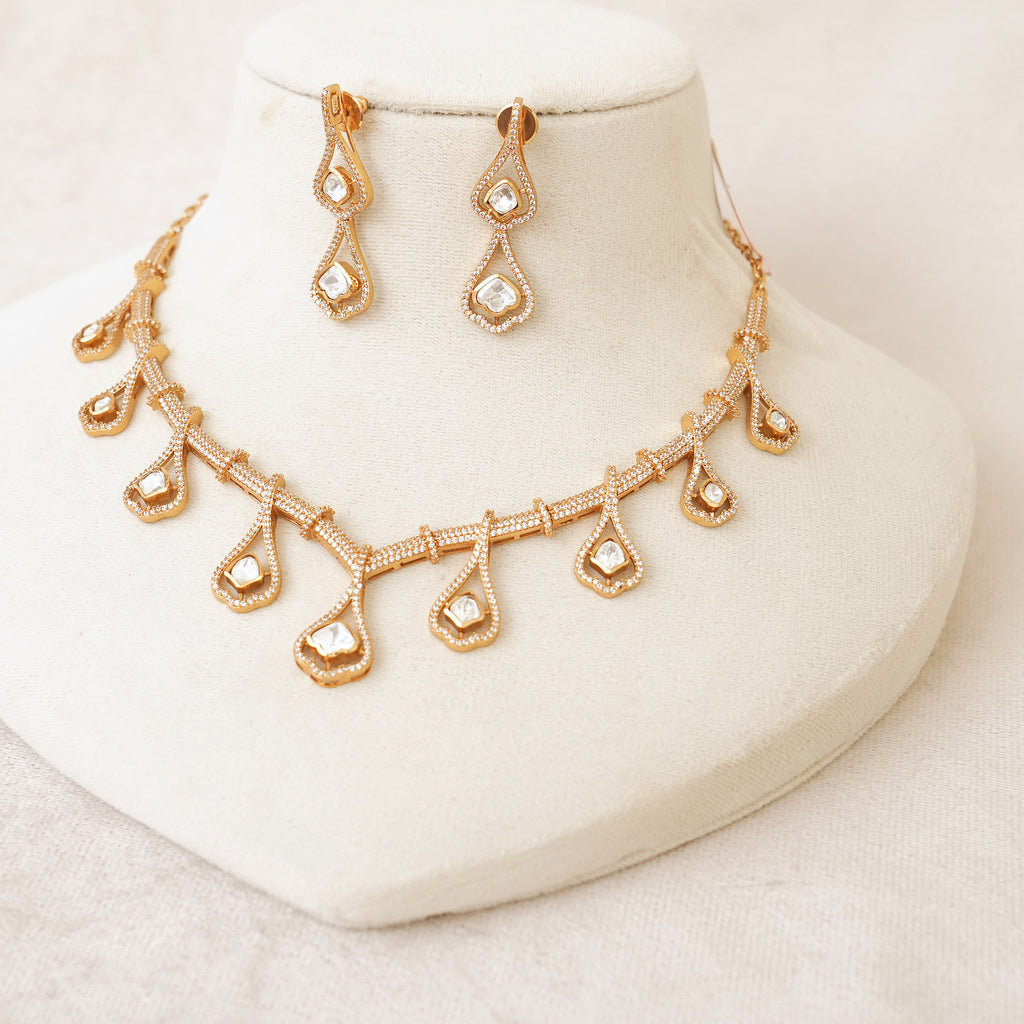 Rose Gold Polki Teardrop Necklace Set