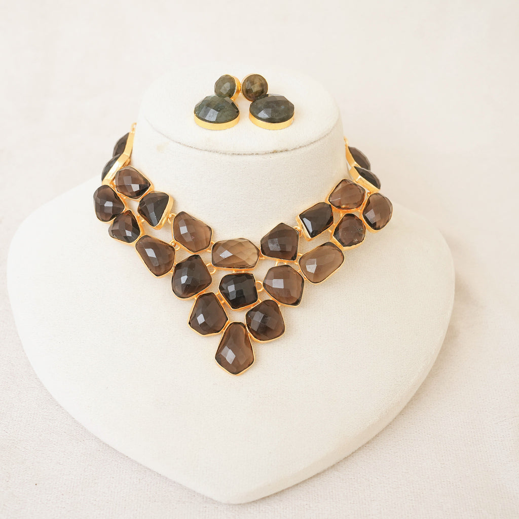 Smoky Quartz Statement Bib Necklace Set