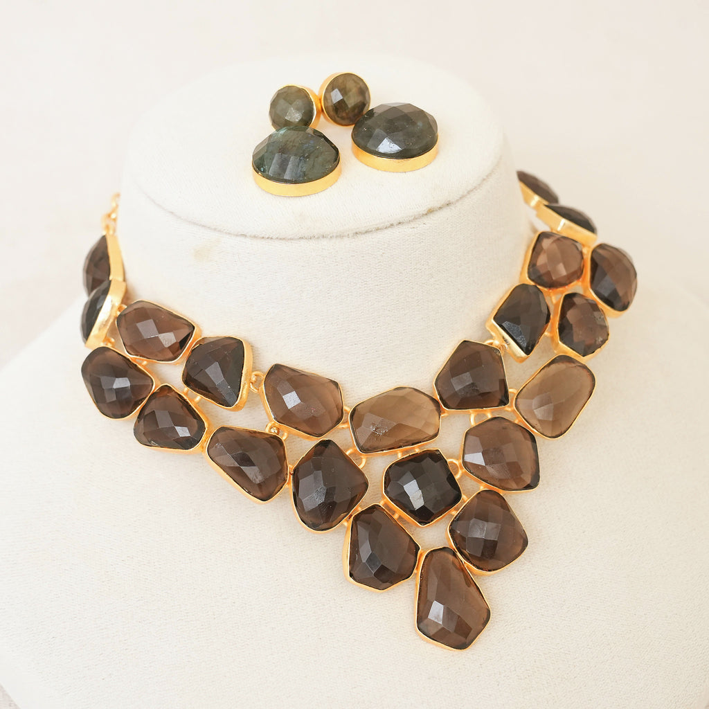 Smoky Quartz Statement Bib Necklace Set