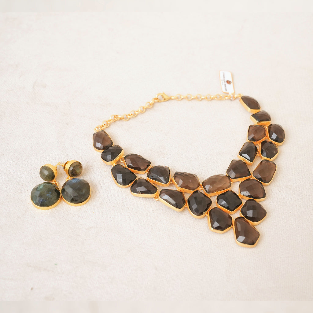 Smoky Quartz Statement Bib Necklace Set
