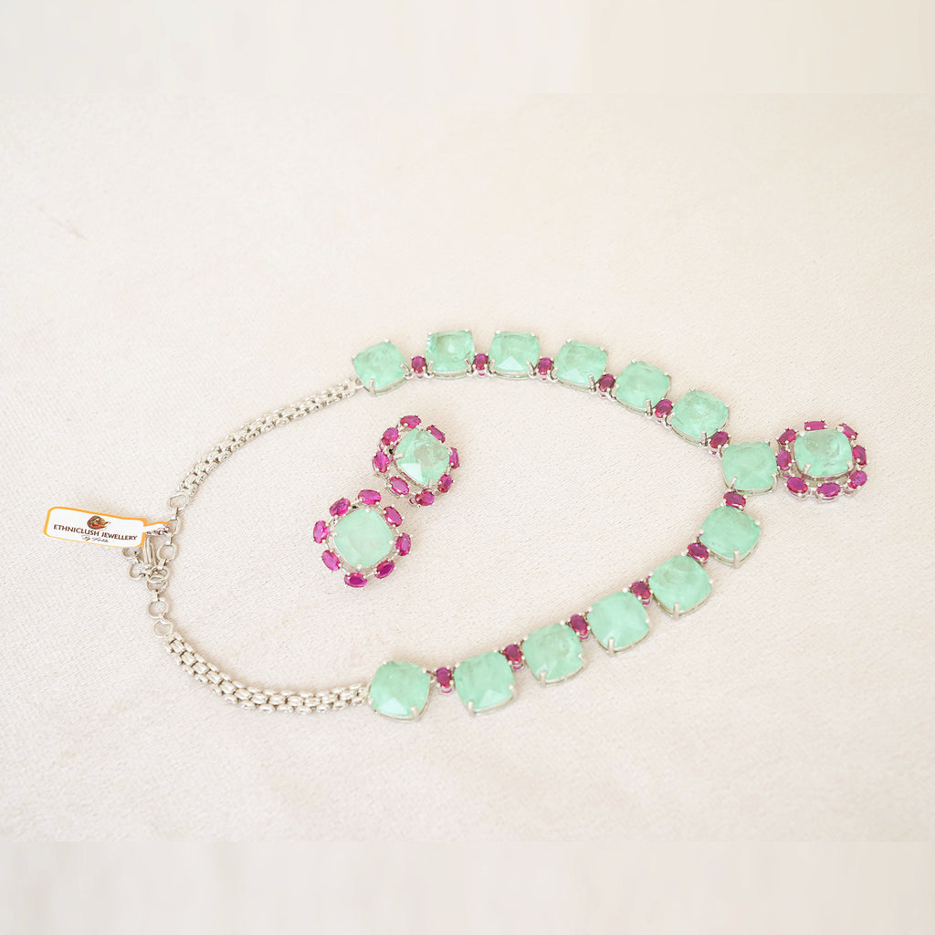 Mint Green & Ruby Square Stone Necklace Set