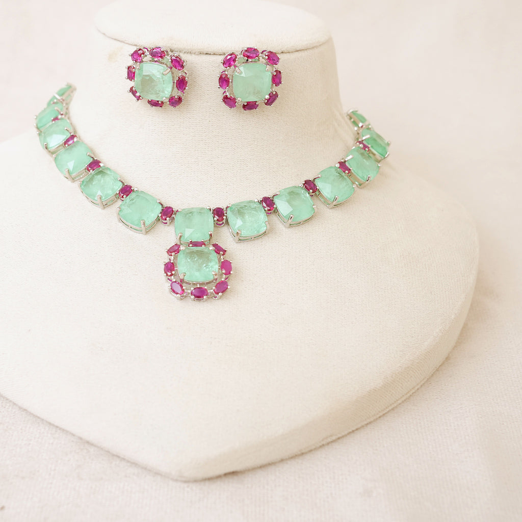 Mint Green & Ruby Square Stone Necklace Set