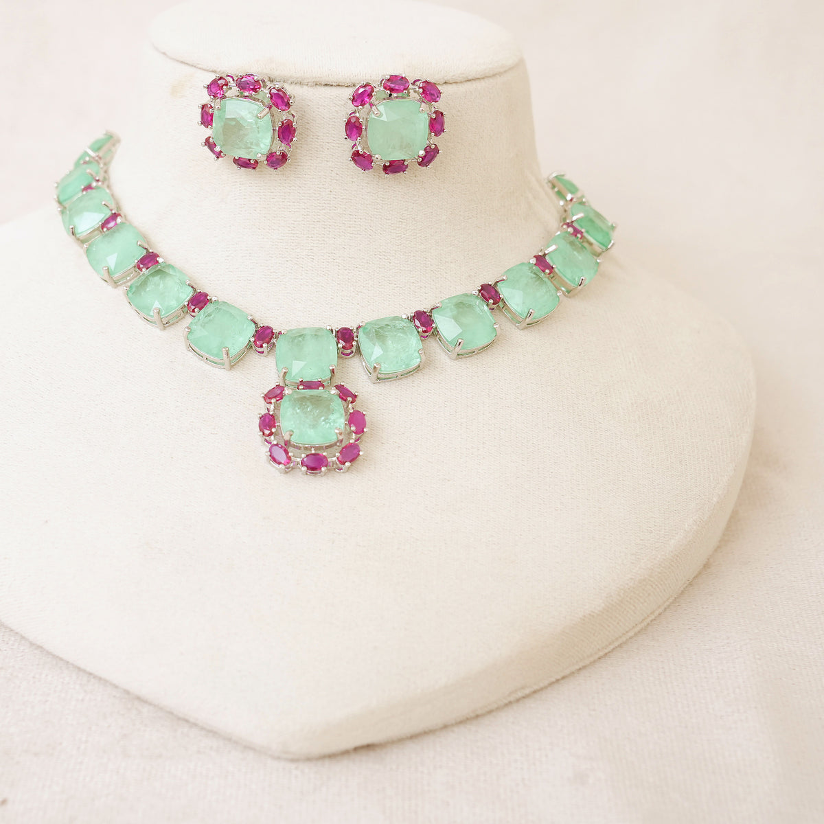 Mint Green & Ruby Square Stone Necklace Set
