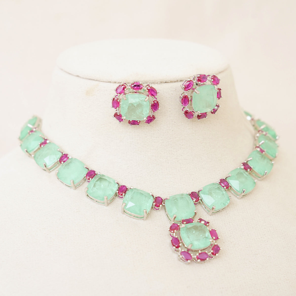 Mint Green & Ruby Square Stone Necklace Set