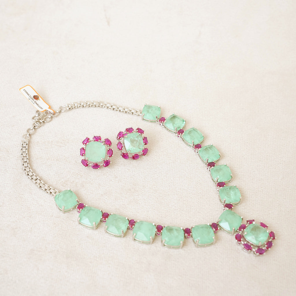 Mint Green & Ruby Square Stone Necklace Set