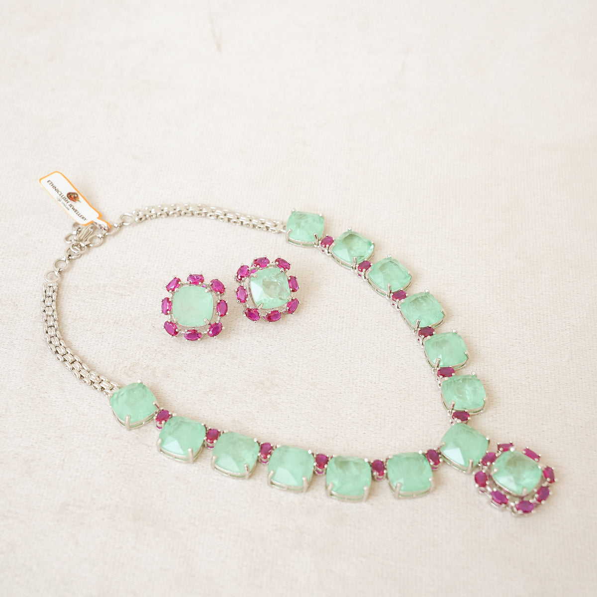 Mint Green & Ruby Square Stone Necklace Set