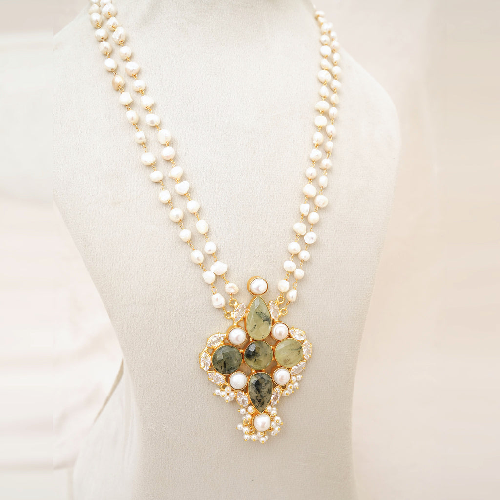 Pearl Two-Strand Necklace with Prehnite Kundan Pendant