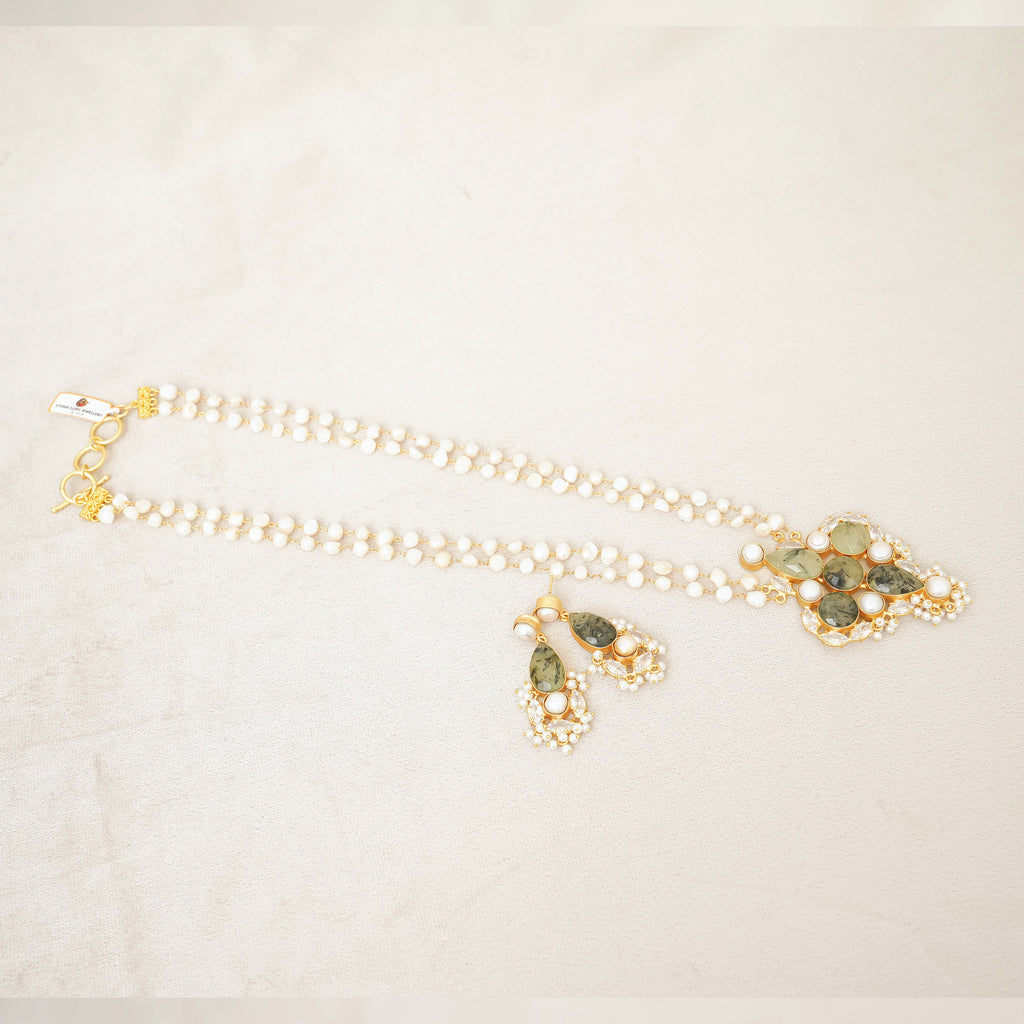 Pearl Two-Strand Necklace with Prehnite Kundan Pendant