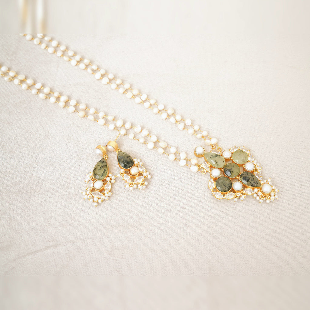 Pearl Two-Strand Necklace with Prehnite Kundan Pendant