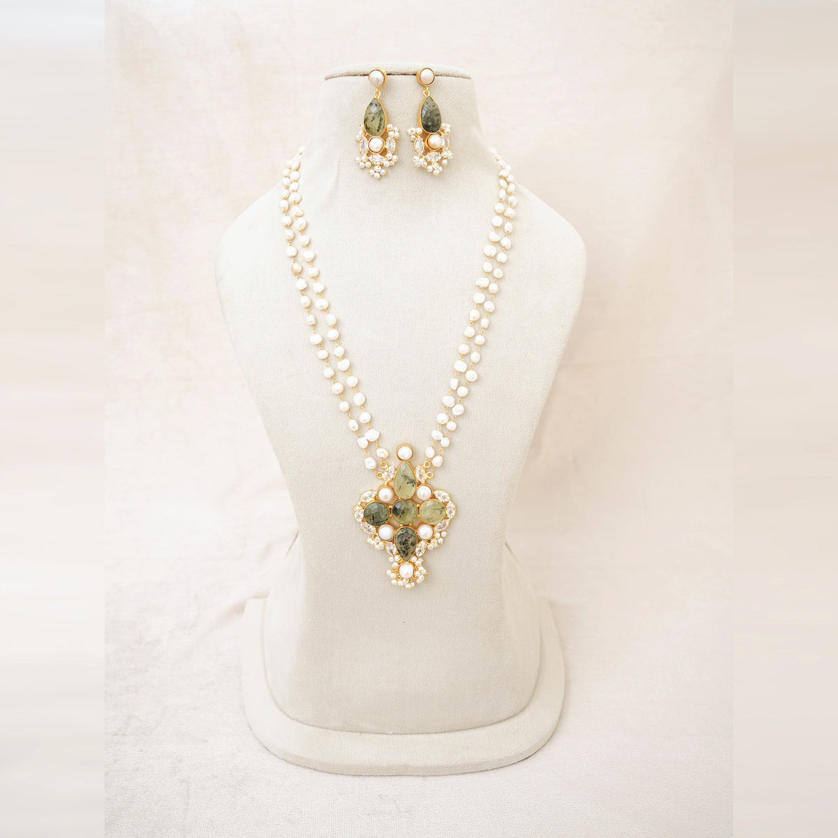 Pearl Two-Strand Necklace with Prehnite Kundan Pendant