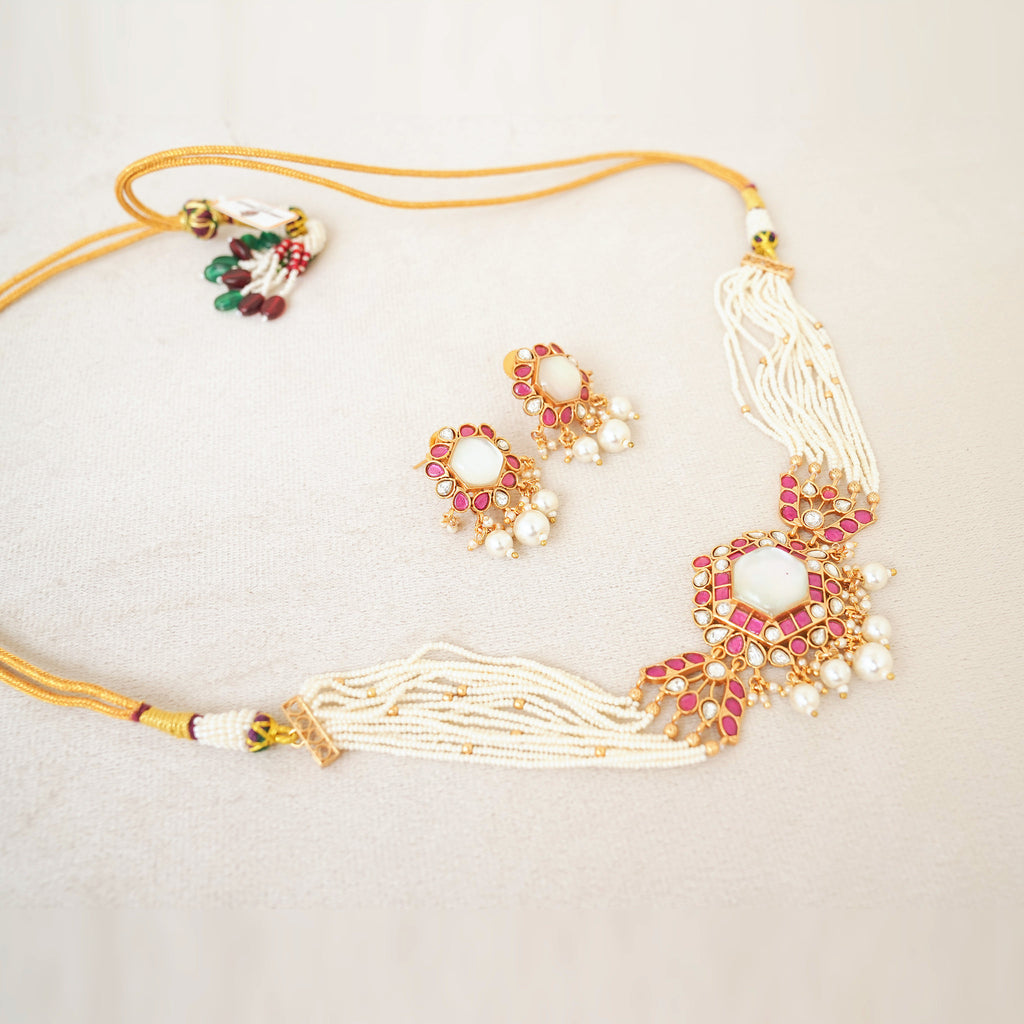 Ruby Kundan Seed Pearl Necklace Set