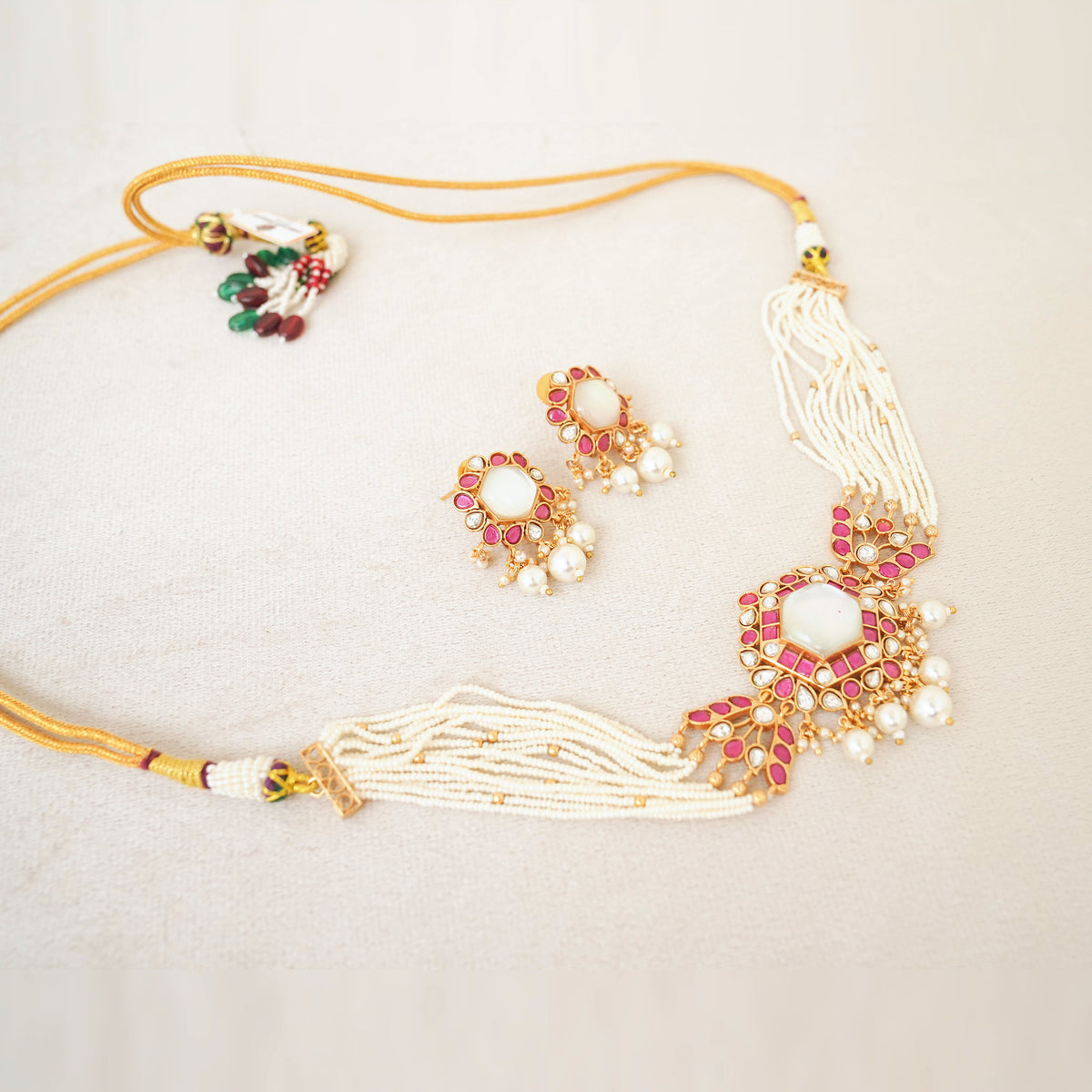 Ruby Kundan Seed Pearl Necklace Set