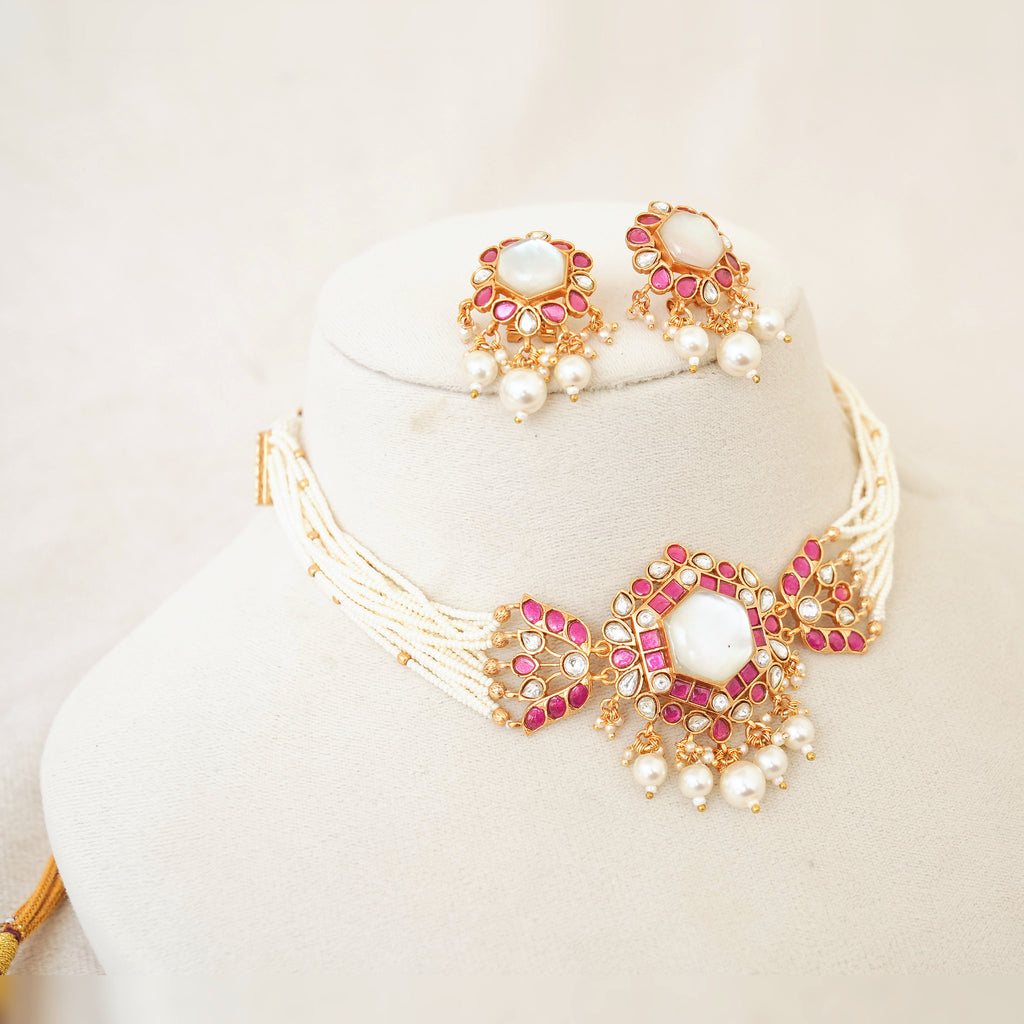 Ruby Kundan Seed Pearl Necklace Set
