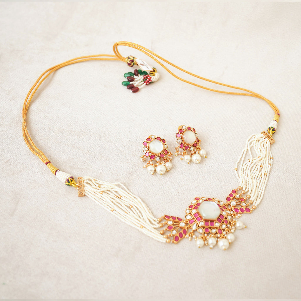 Ruby Kundan Seed Pearl Necklace Set