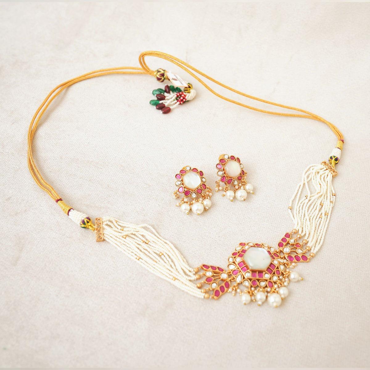 Ruby Kundan Seed Pearl Necklace Set