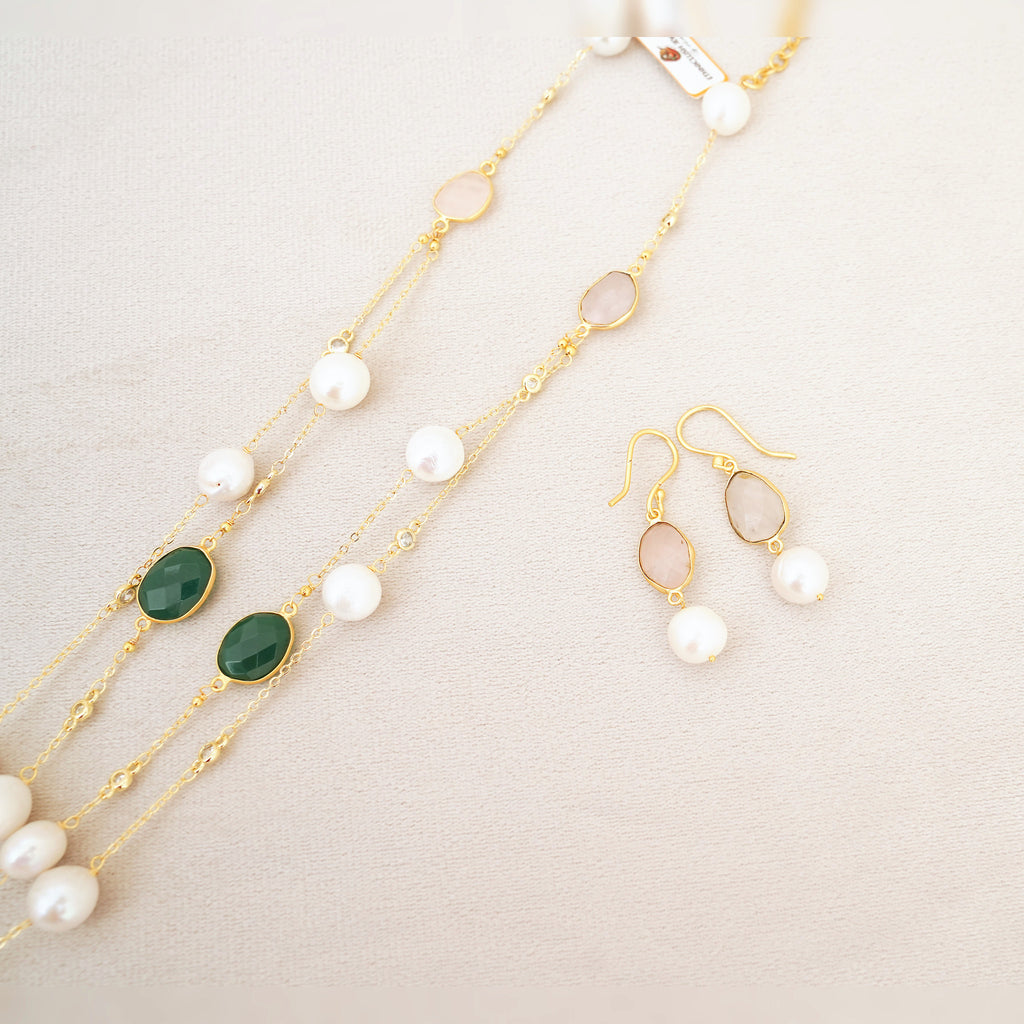 Pearl, Green Onyx & Rose Quartz Station Necklace Set