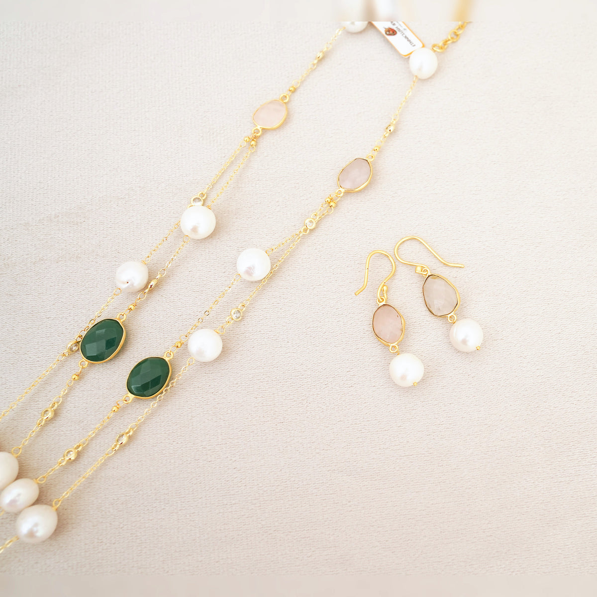 Pearl, Green Onyx & Rose Quartz Station Necklace Set