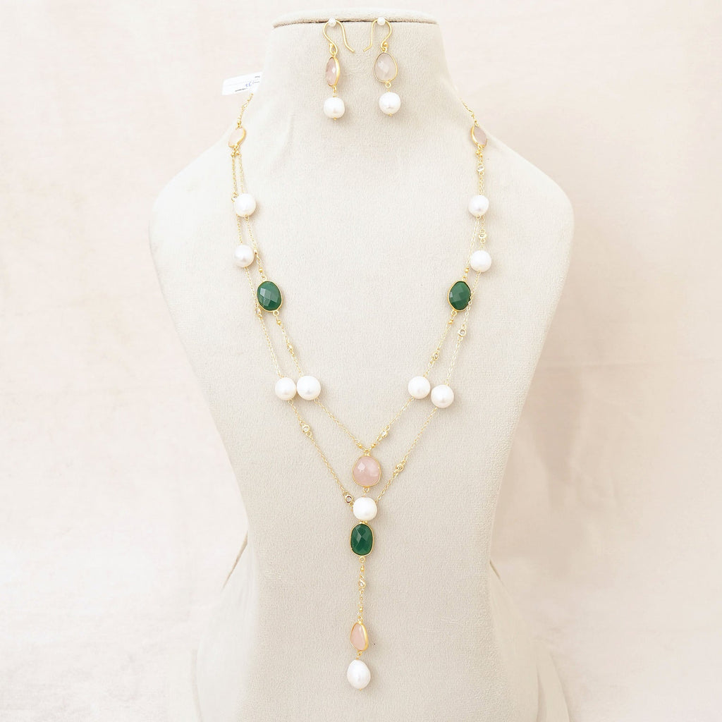 Pearl, Green Onyx & Rose Quartz Station Necklace Set