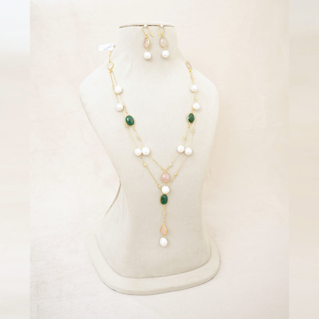 Pearl, Green Onyx & Rose Quartz Station Necklace Set