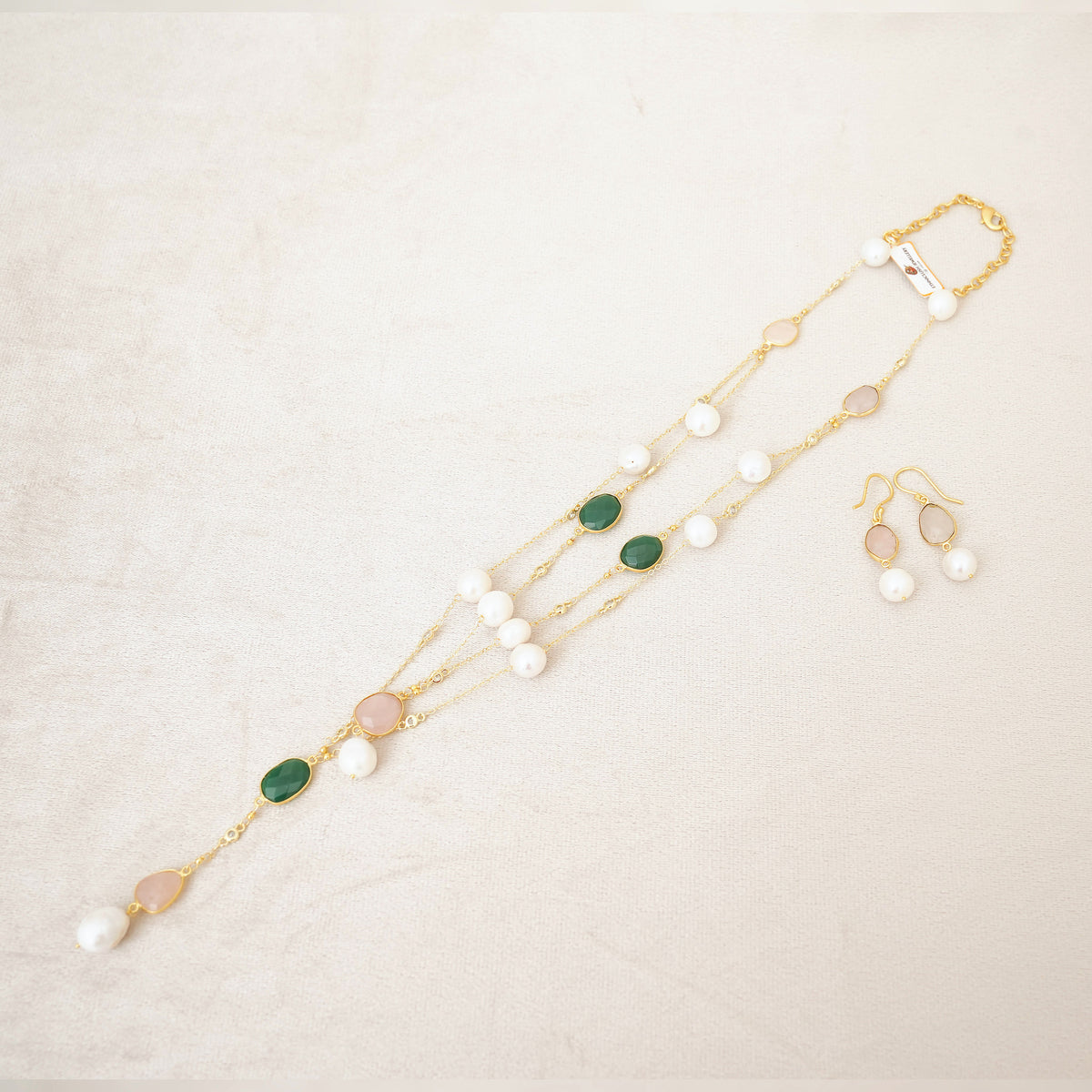 Pearl, Green Onyx & Rose Quartz Station Necklace Set
