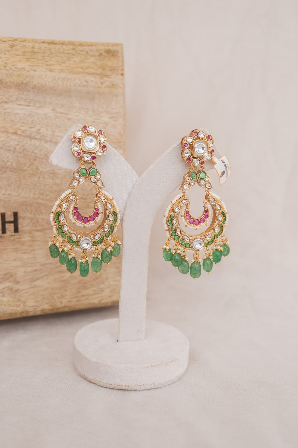 Kundan Chandbali Earrings with Green Drops detail