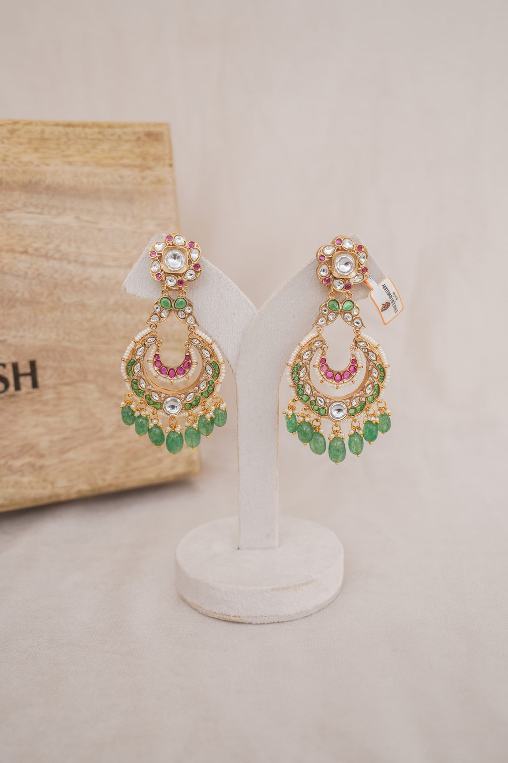 Kundan Chandbali Earrings with Green Drops