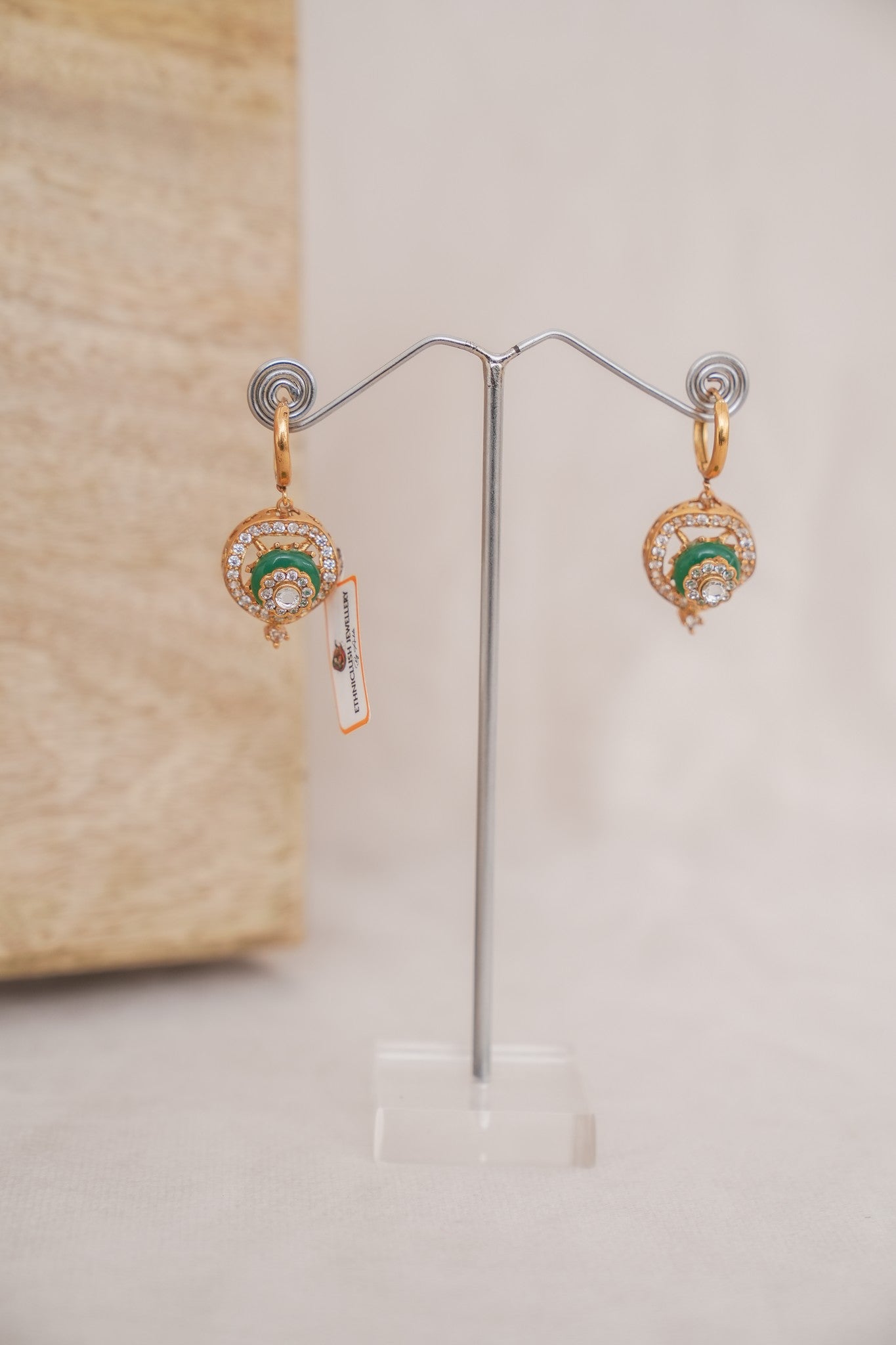Green Stone Drop Earrings with Charm Detail