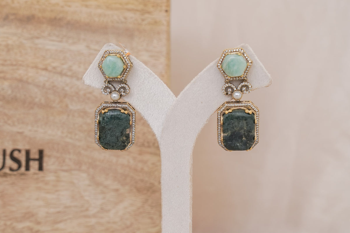 Moss Agate Kundan Drop Earrings