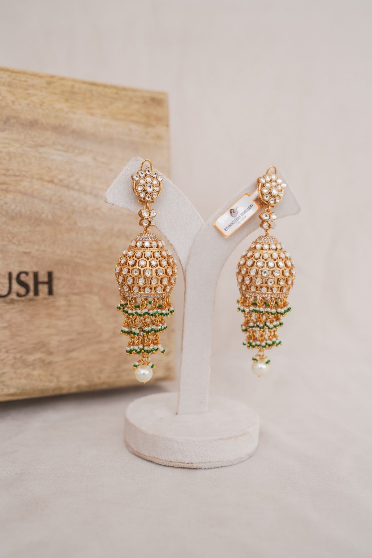 Green Beaded Kundan Jhumka Earrings with Pearl Drops by Ethnic Lush – detail view
