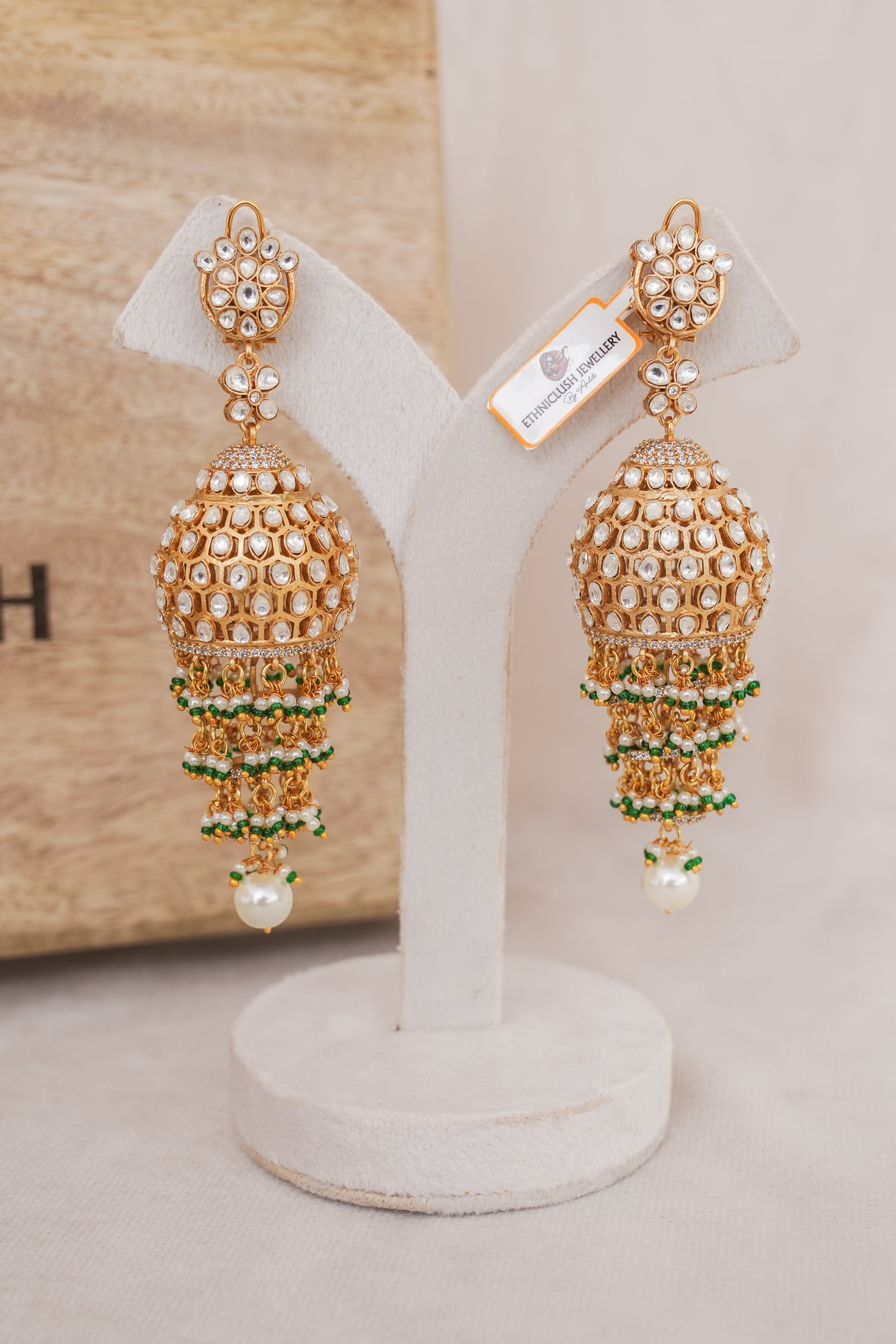 Green Beaded Kundan Jhumka Earrings with Pearl Drops