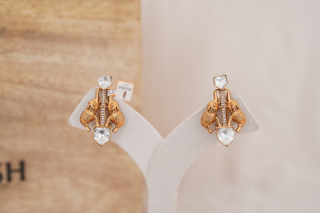 Gold Elephant Motif Stud Earrings detail