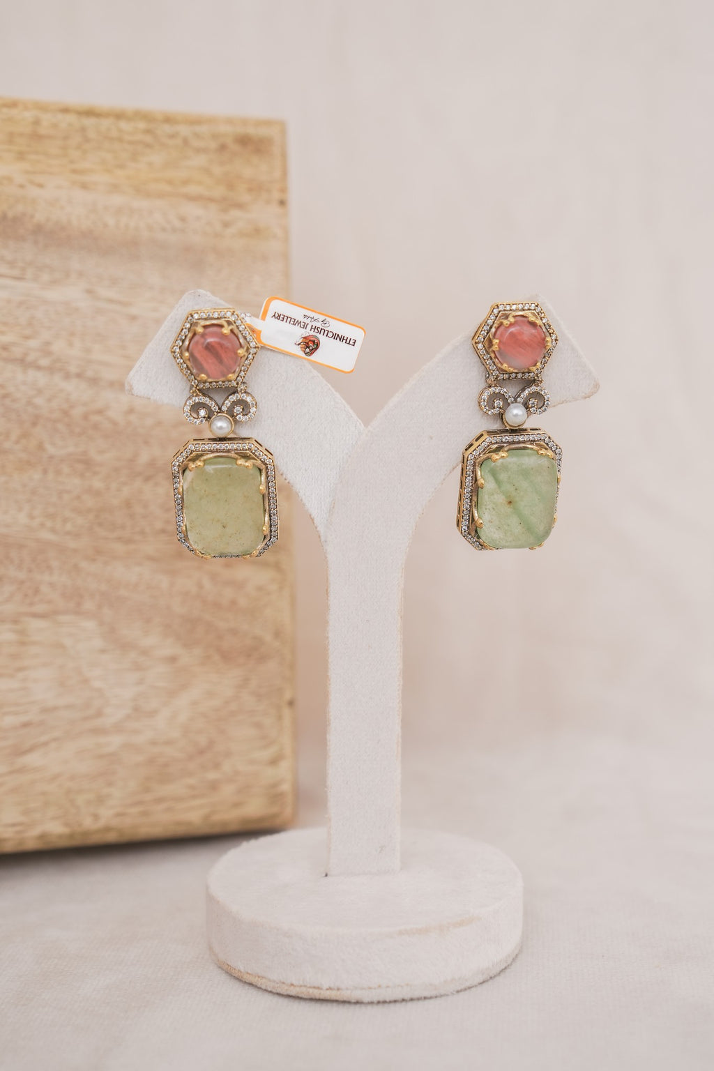 Rhodochrosite and Aventurine Kundan Drop Earrings