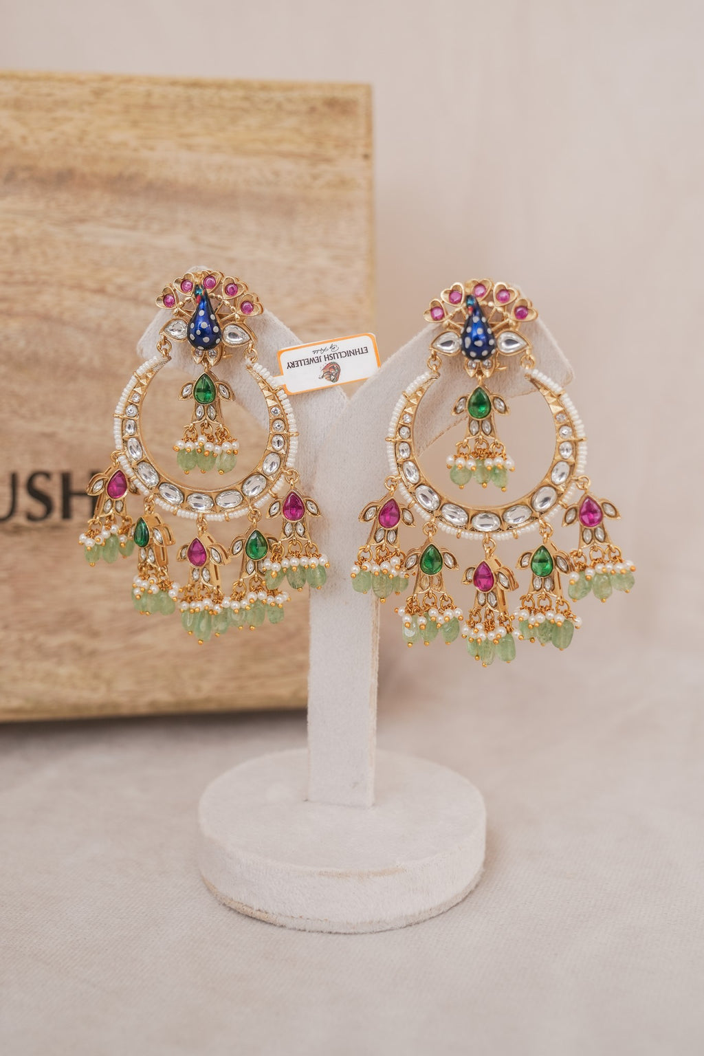 Peacock Motif Kundan Chandbali Earrings detail