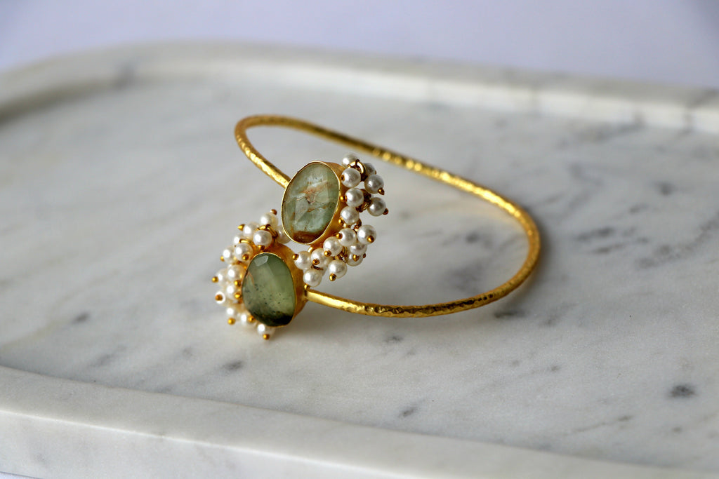 Gemstone & Cluster Pearl Open Cuff Bracelet
