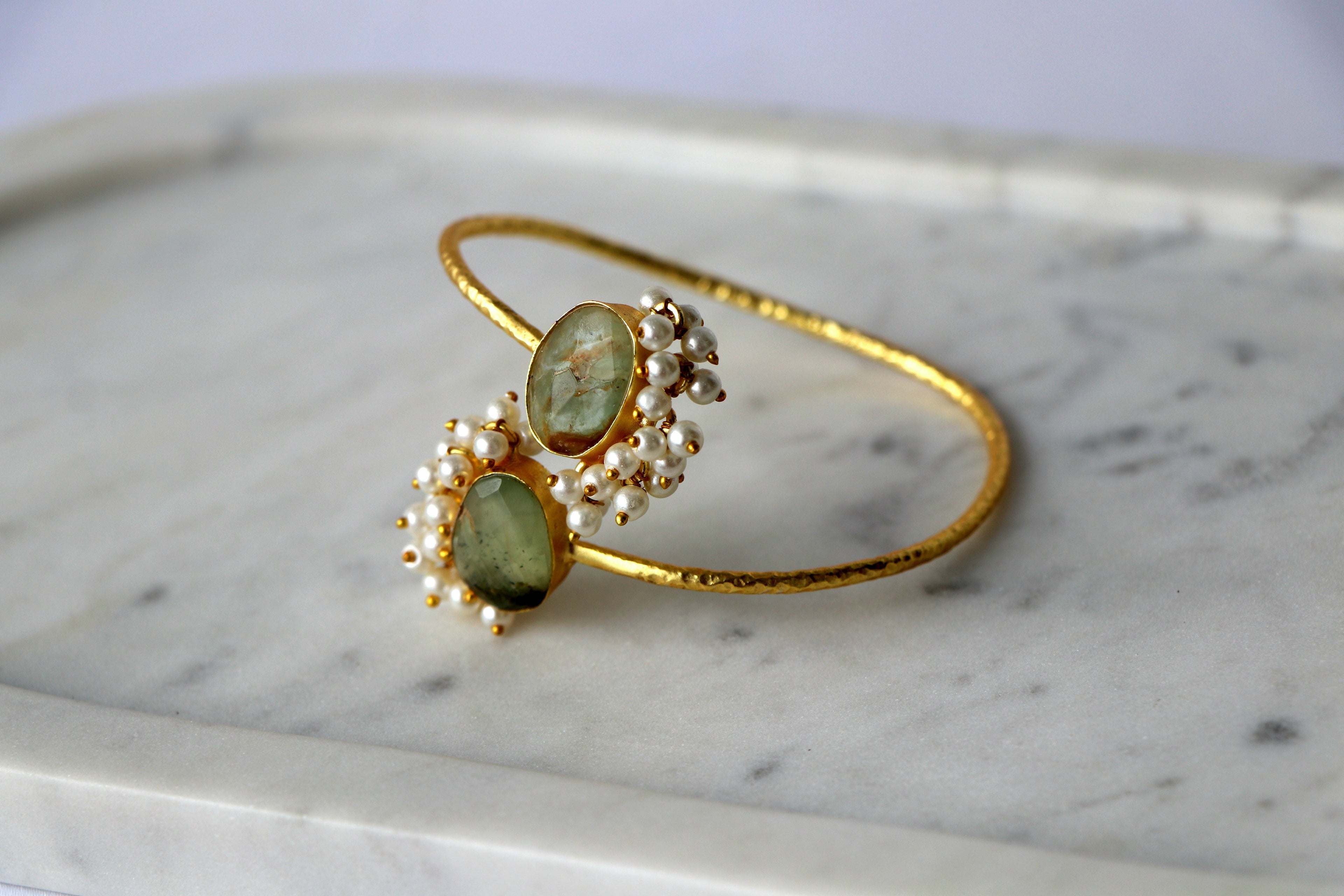 Gemstone & Cluster Pearl Open Cuff Bracelet