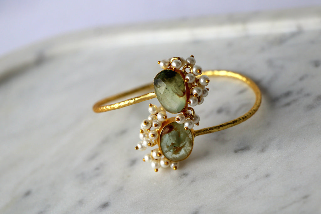 Gemstone & Cluster Pearl Open Cuff Bracelet