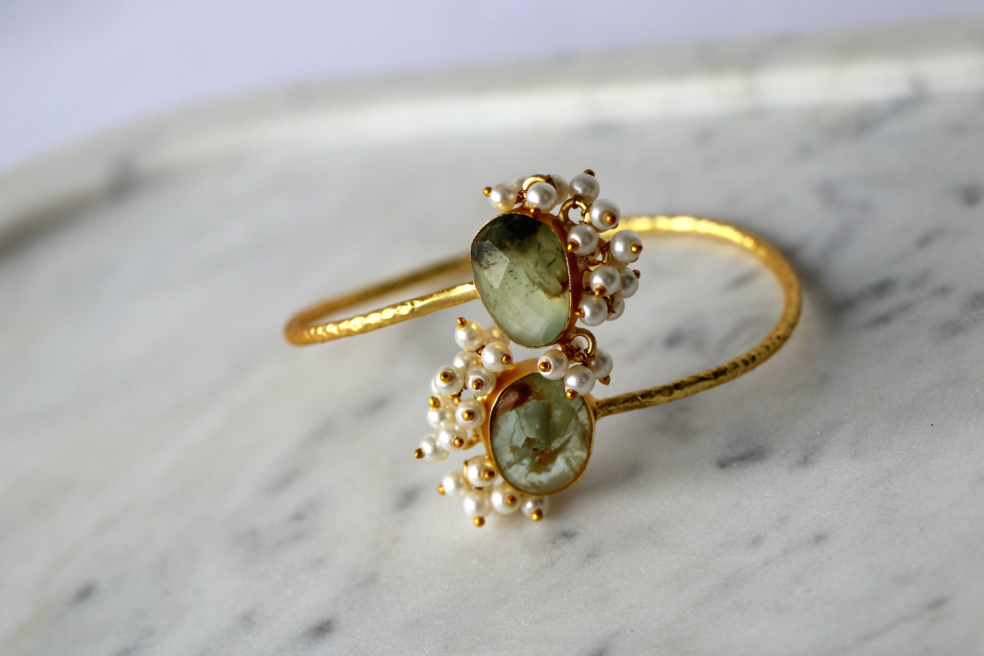 Gemstone & Cluster Pearl Open Cuff Bracelet