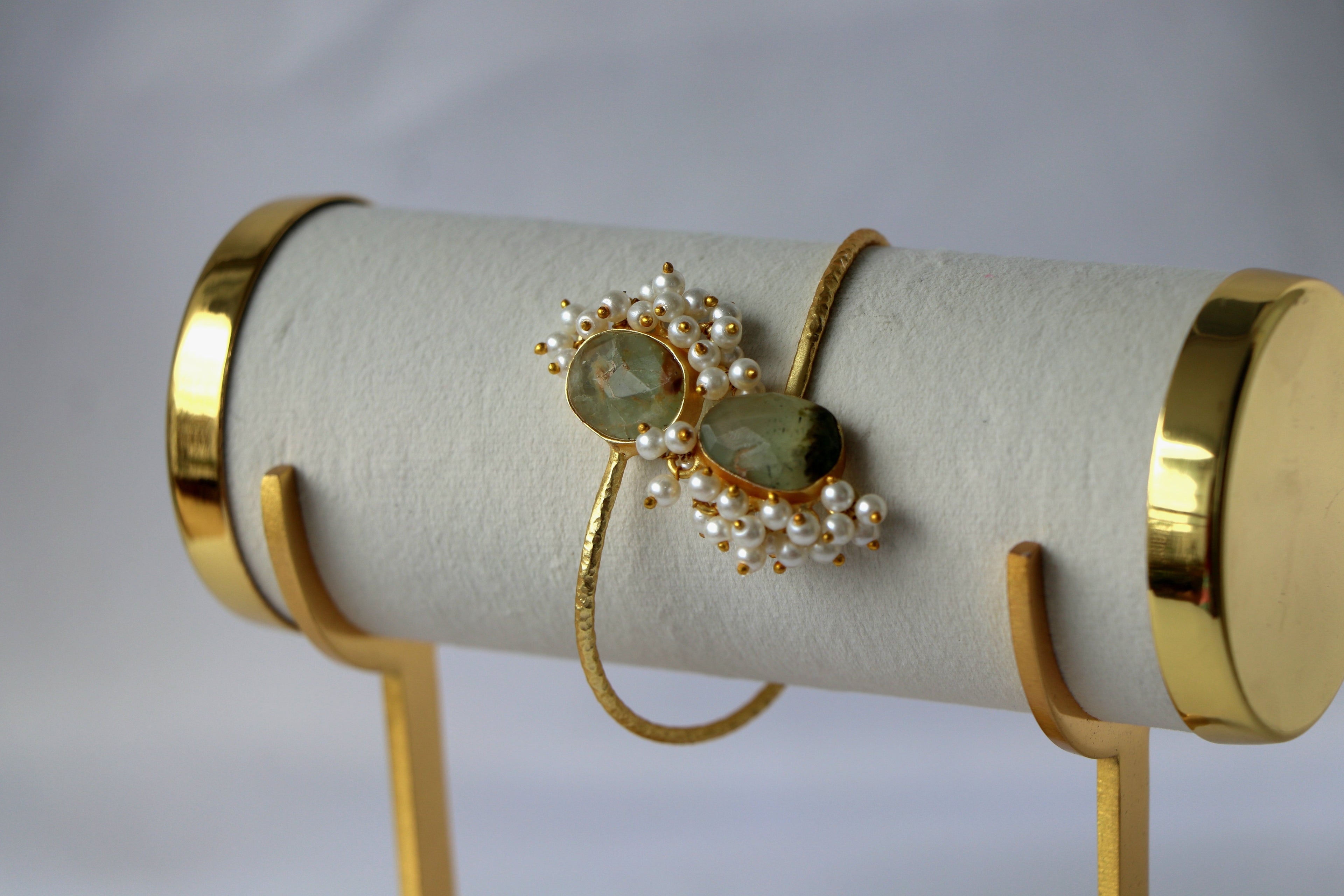 Gemstone & Cluster Pearl Open Cuff Bracelet