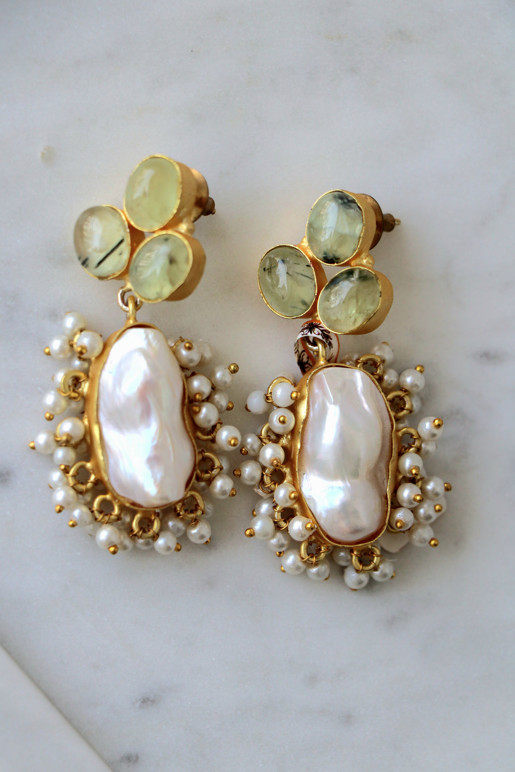 Prehnite Bloom Pearl Earrings