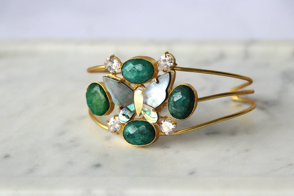 Emerald Butterfly Gemstone Cuff Bracelet
