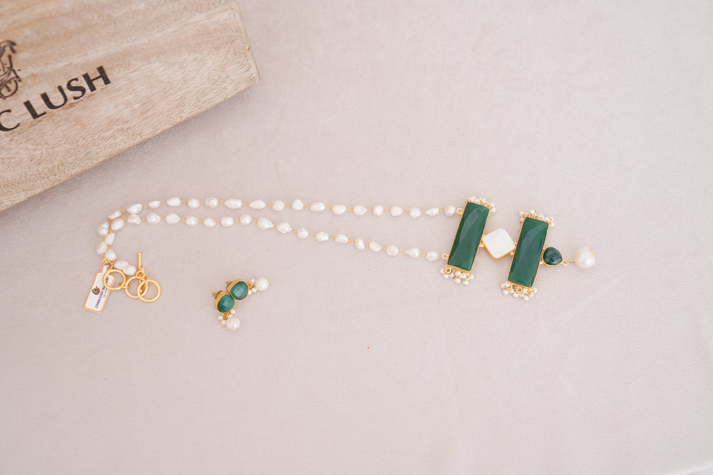 Gemstone & Mother of Pearl Statement Pendant Necklace Set | Pearl Beaded Necklace by Ethnic Lush – detail view