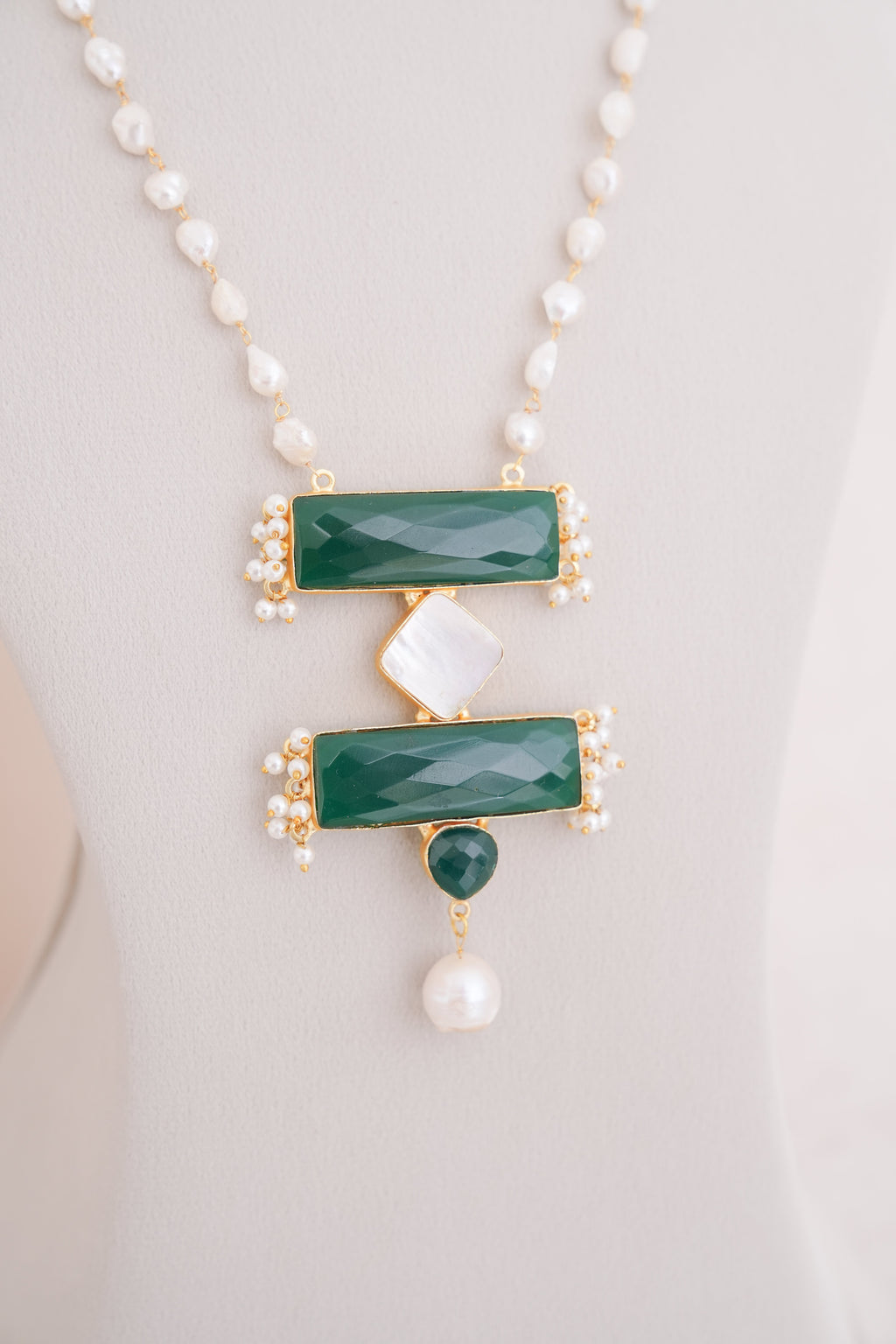 Gemstone & Mother of Pearl Statement Pendant Necklace Set | Pearl Beaded Necklace by Ethnic Lush – full view
