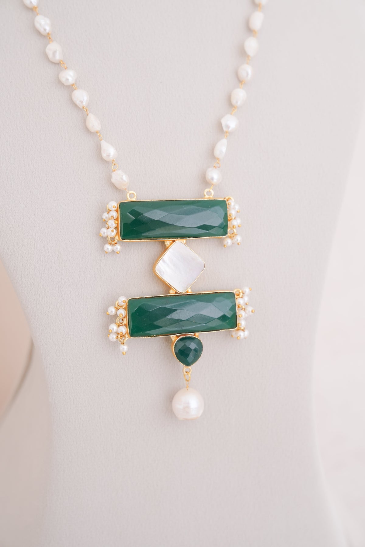 Gemstone & Mother of Pearl Statement Pendant Necklace Set | Pearl Beaded Necklace by Ethnic Lush – full view