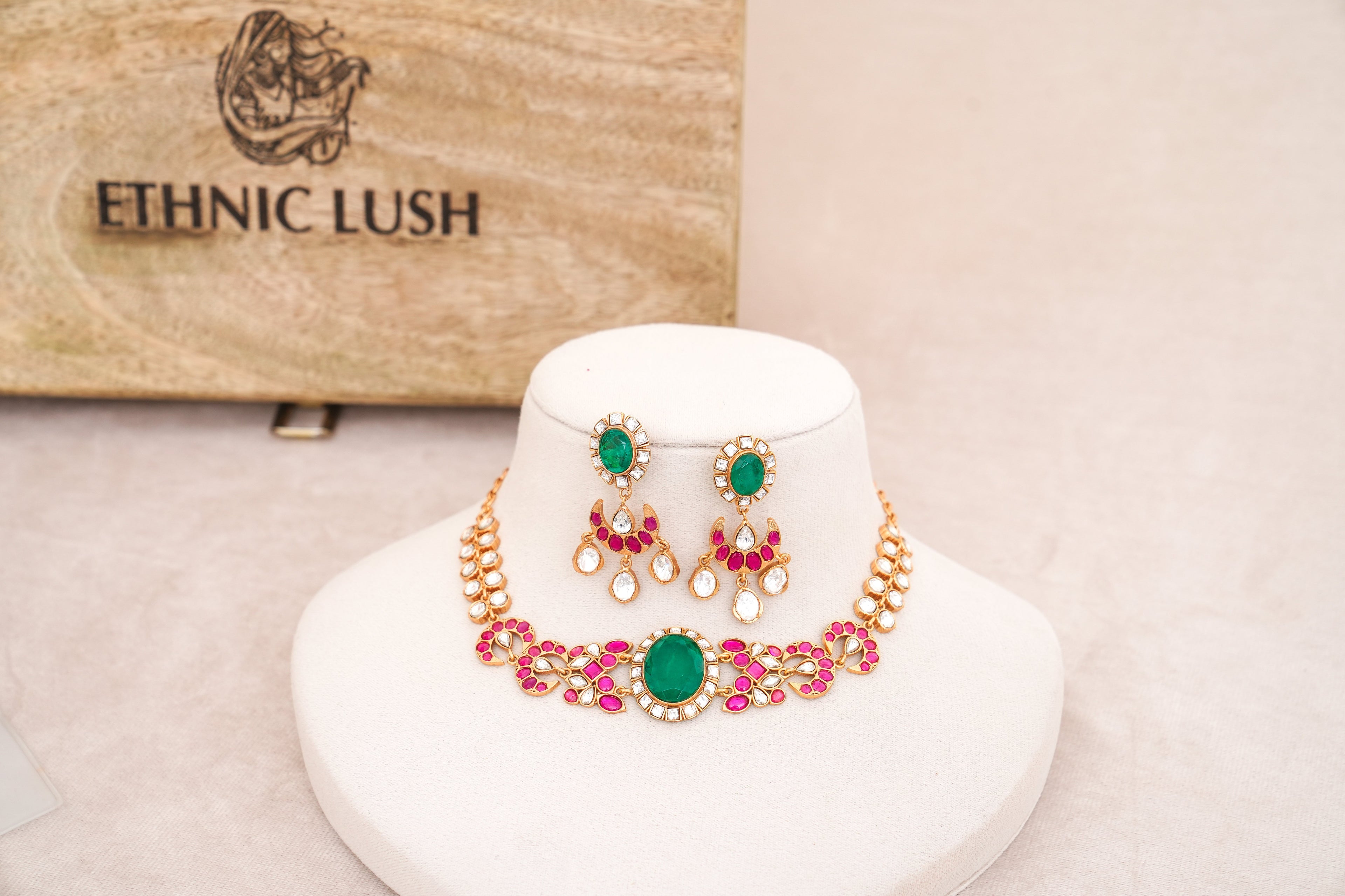 Emerald Crescent Choker  Earring Set