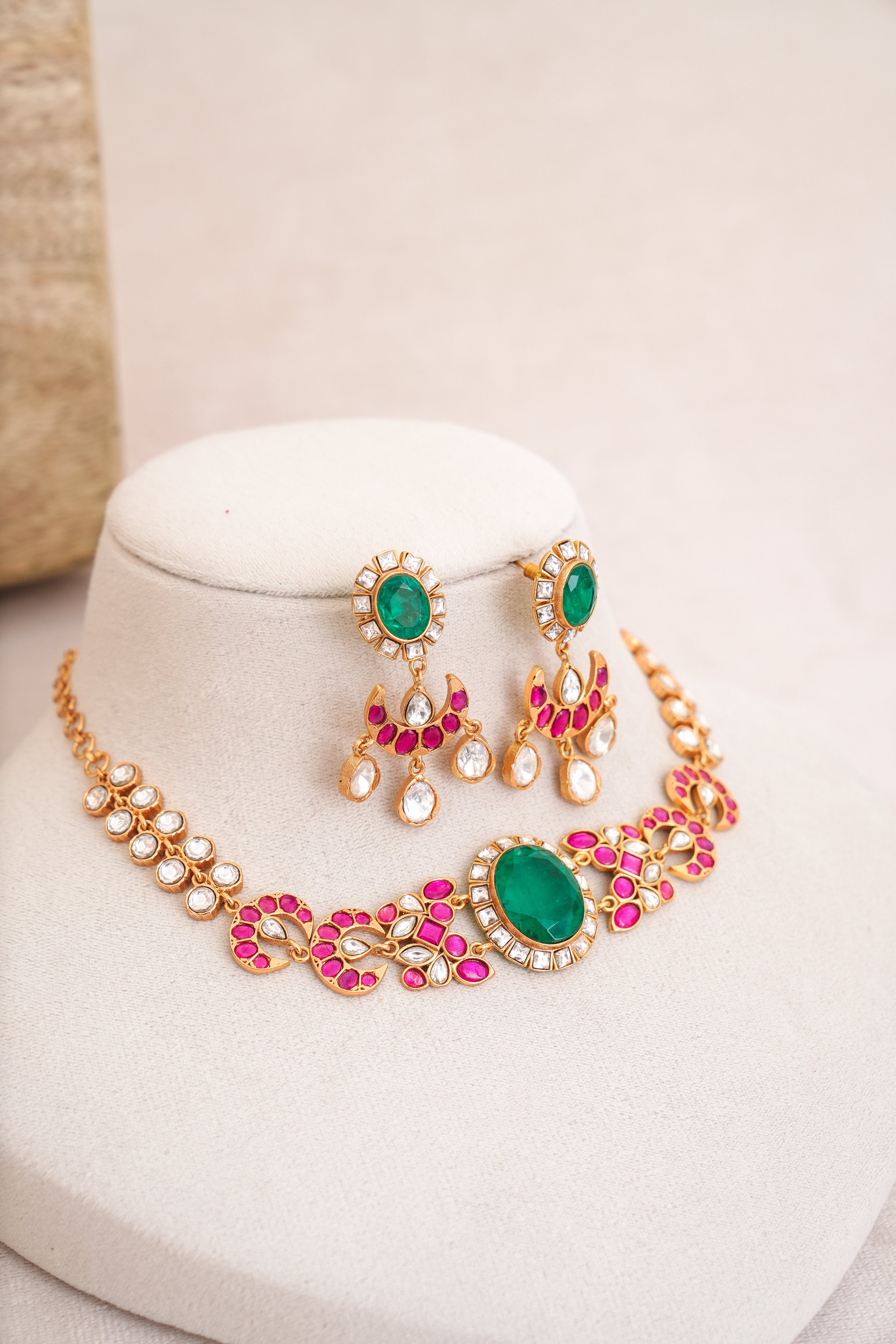Emerald Crescent Choker  Earring Set